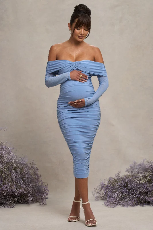 Neva | Powder Blue Bardot Twist Maternity Midi Dress Midi Skirt Set