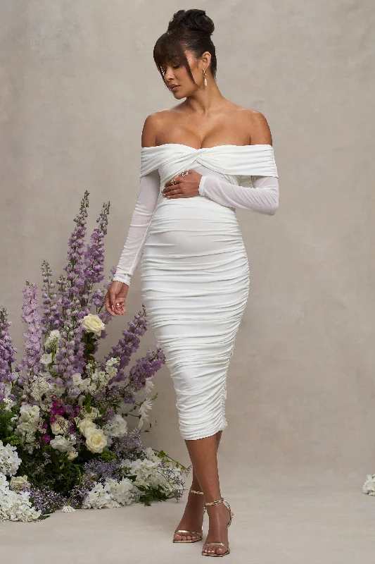 Neva | White Bardot Twist Maternity Midi Dress A-line Midi Skirt