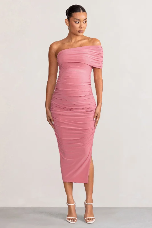Odelia | Blush Maternity Midi Dress with Asymmetric Sleeve and Side Split Lace-up Midi Skirt