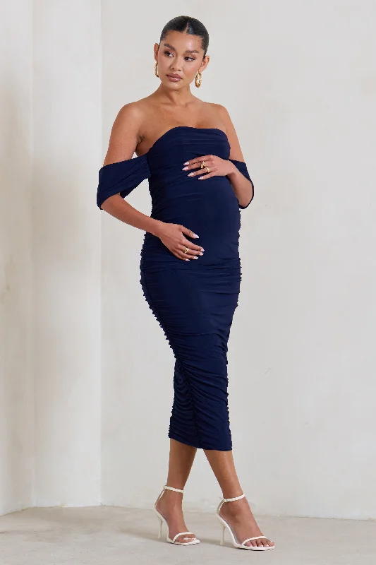 Plus One | Navy Maternity Ruched Bardot Midi Dress Silk Midi Skirt