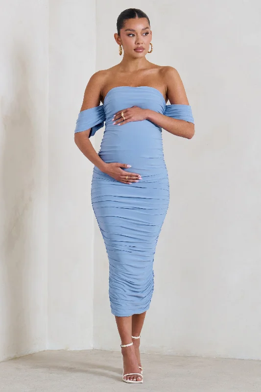 Plus One | Powder Blue Maternity Ruched Bardot Midi Dress Bohemian Midi Skirt