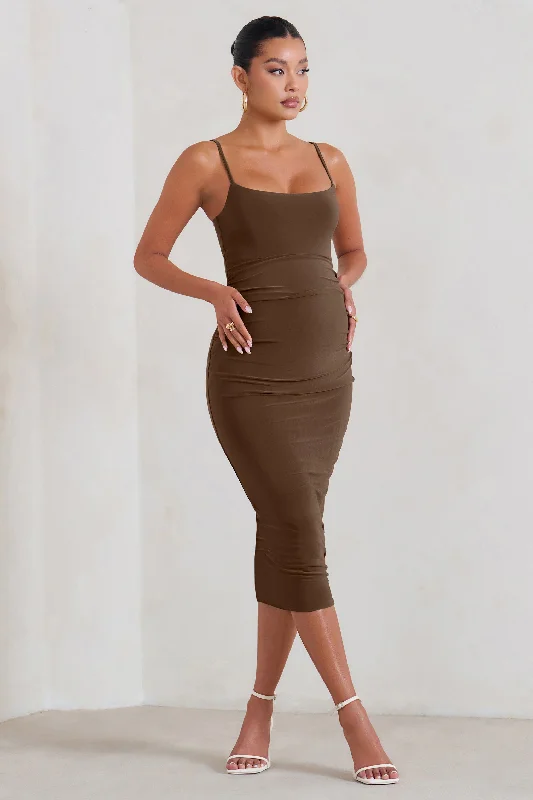 Raquel | Brown Maternity Cami Midi Dress With Split Classic Midi Skirt