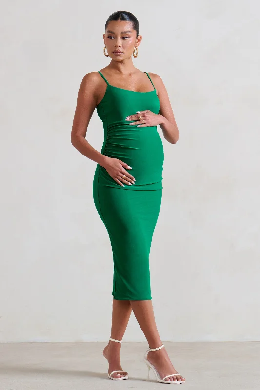 Raquel | Green Maternity Cami Midi Dress With Split Midi Skirt with Pockets
