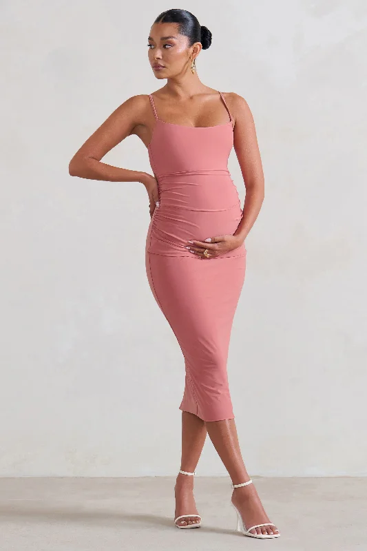 Raquel | Pink Maternity Cami Midi Dress With Split Structured Midi Skirt