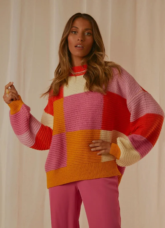 Tulum Nights Knit Jumper - Pink Patchwork Printed unclassified dresses