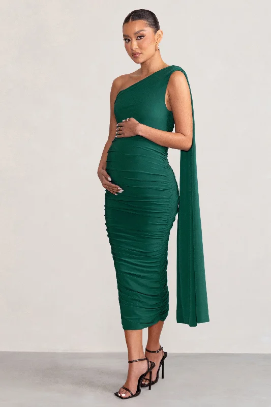 Yara | Bottle Green One Sleeve Ruched Maternity Midi Dress with Cape Sleeve Soft Wool Midi